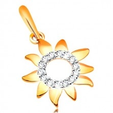 Pandantiv din aur galben 375 - floarea soarelui cu petale lucioase, cerc din zirconii