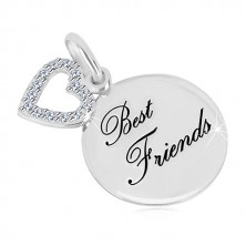 Pandantiv din argint 925 - cerc lucios, inscripție "Best Friends", contur inimă cu zirconii
