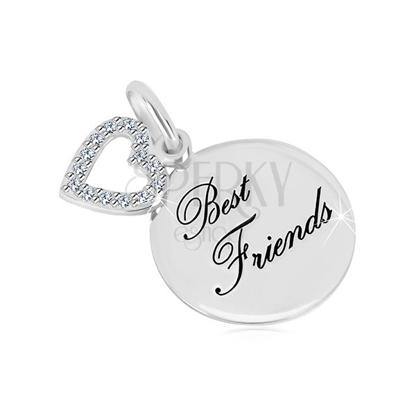 Pandantiv din argint 925 - cerc lucios, inscripție "Best Friends", contur inimă cu zirconii