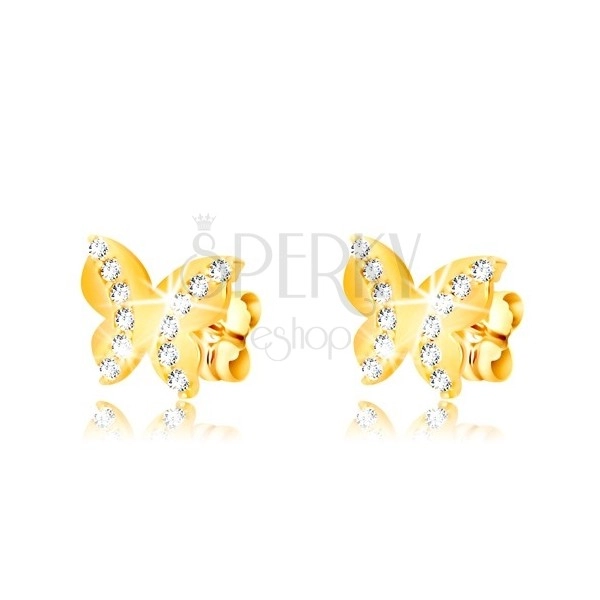 Cercei din aur galben 375 - fluture lucios, două linii rotunde de zirconii, închidere tip fluturaș