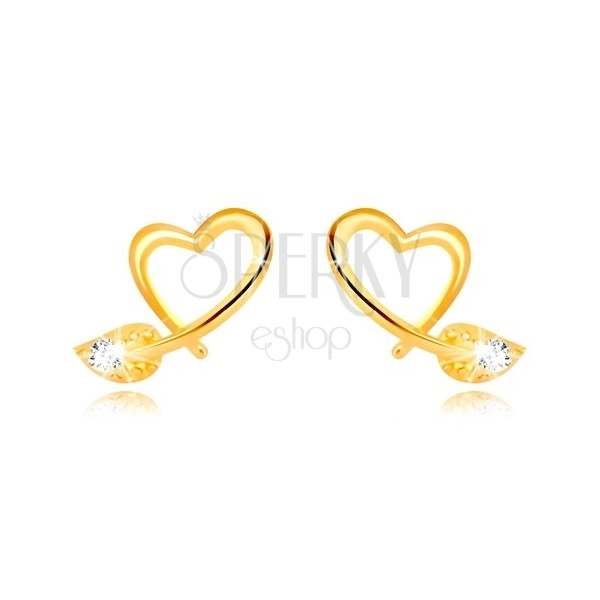 Cercei din aur galben 9K - contur de inimă asimetrică, frunză cu zirconiu