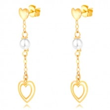 Cercei din aur galben 375 - inimă, perlă pe lanț, contur dublu de inimă