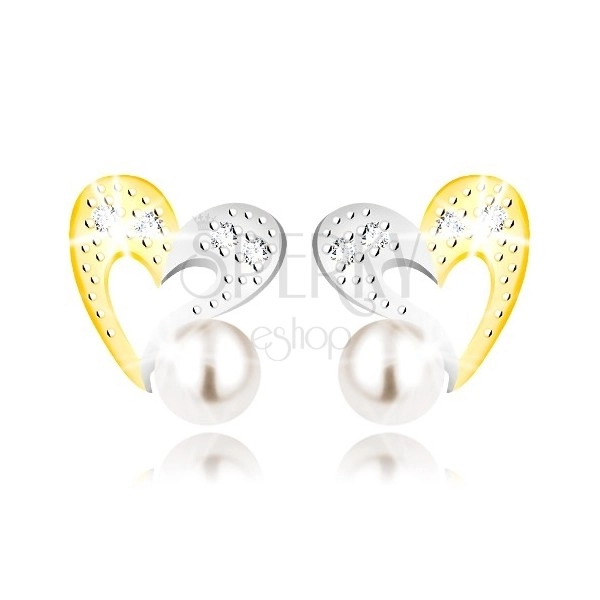 Cercei din aur combinat 375 - contur inimă în două culori, zirconii și perla albă