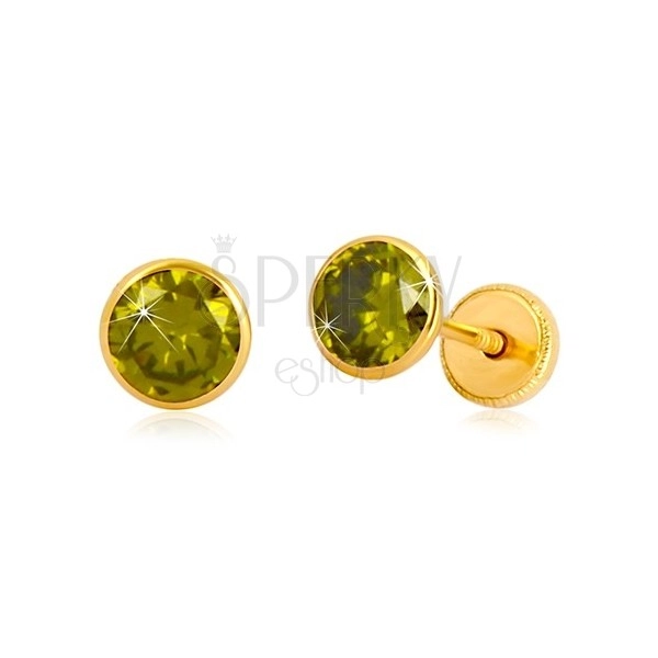 Cercei din aur galben 14K - zirconiu verde în suport, închidere de tip fluturaș, 5 mm