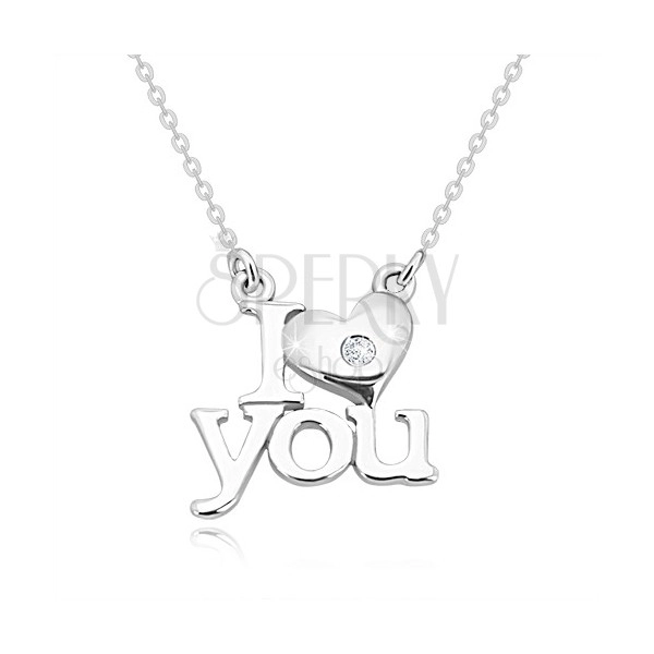 Colier din argint 925 cu diamant, "I heart you", lanț din zale ovale