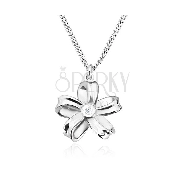 Colier din argint 925 - panglică lucioasă, floare cu cinci petale și diamant