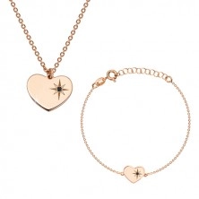 Set din argint 925 de culoare roz-auriu - brățară și colier, inimă cu Polaris și diamant