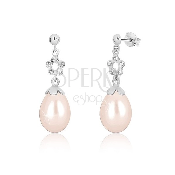 Cercei din aur de 9K albi - semi-bilă lucioasă, contur de flori cu cu zirconii, perle cu nuanță roz