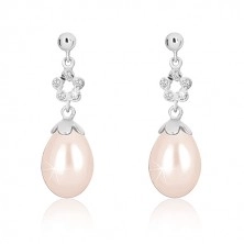 Cercei din aur de 9K albi - semi-bilă lucioasă, contur de flori cu cu zirconii, perle cu nuanță roz
