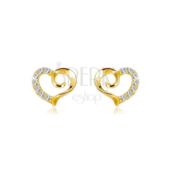 Cercei din aur galben de 9K - contur de inimă cu spirală și jumătate de zircon