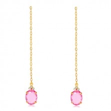 Cercei din aur 375 - zirconiu oval de culoare roz, trei zirconii transparente, lanț