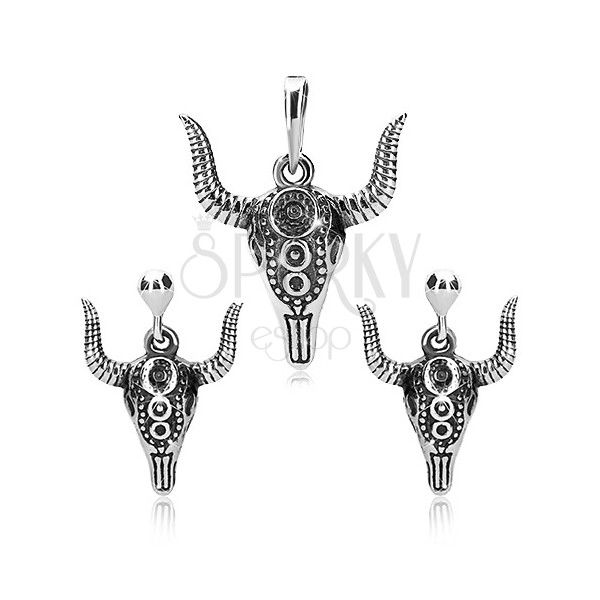 Set argint 925 - pandantiv și cercei, cap de taur cu ornamente și patină