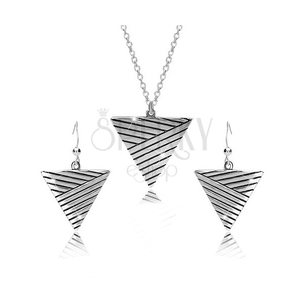 Set din argint 925 - colier și cercei, triunghi inversat cu linii de patină