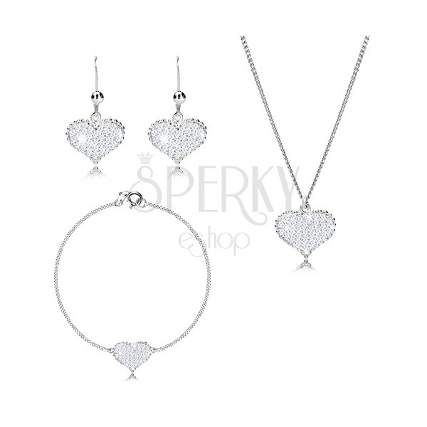 Set cu trei piese din argint 925 - inimă simetrică cu zirconii, lanț unit în serie