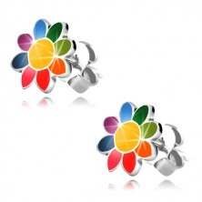 Cercei din argint 925 - floare cu opt petale de diferite culori, închidere de tip fluturaș