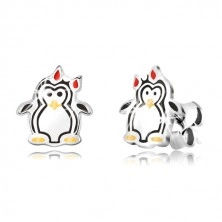 Cercei argint 925 - pinguin lucios cu arc, smalț în trei culori