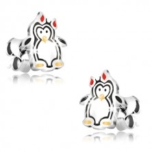 Cercei argint 925 - pinguin lucios cu arc, smalț în trei culori