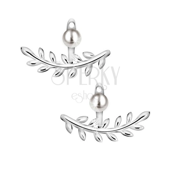 Cercei argint 925 - ramură lucioasă cu frunze, perlă rotundă de culoare albă