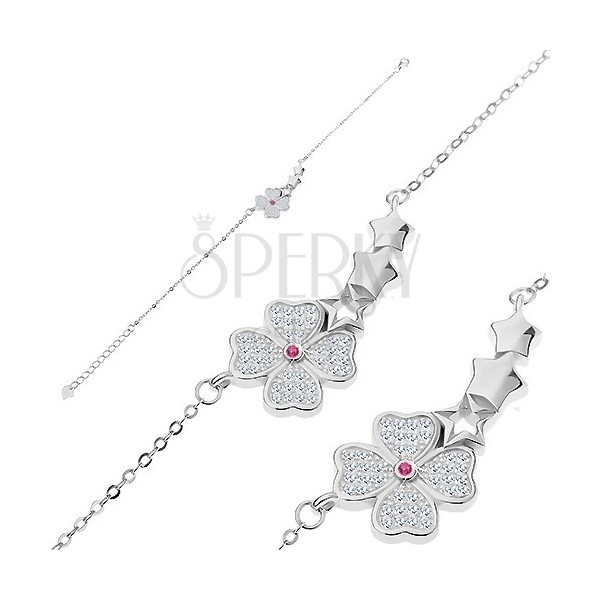 Bratara din argint 925 - floare strălucitoare, trei stele, zale mici ovale