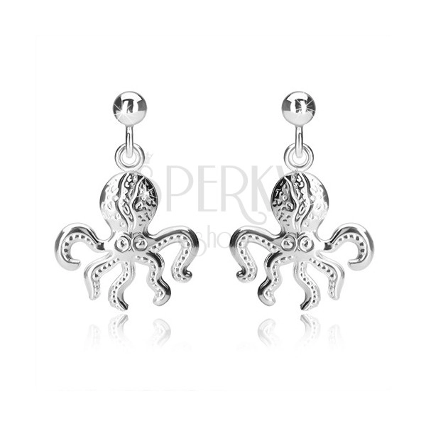 Cercei din argint 925 - caracatiță cu cinci tentacule, bilă lucioasă, închidere de tip fluturaș