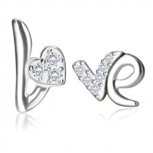 Cercei din argint 925 - motivul Love, inimi și litere cu zirconii, închidere de tip fluturaș