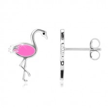 Cercei din argint 925 - flamingo lucios cu aripa roz, închidere de tip fluturaș