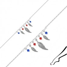 Bratara de glezna din argint 925 - trei pene, patru bile de culoare rosie si albastra