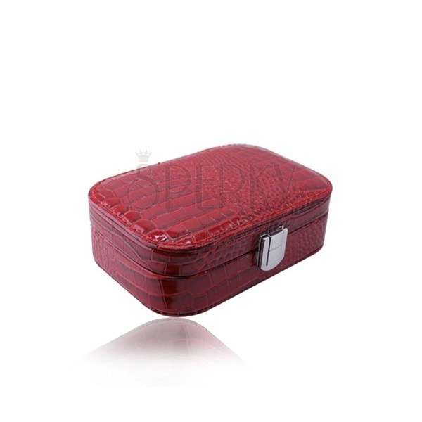 Cutie de bijuterii roșii din imitație de piele de crocodil - formă dreptunghiulară, cataramă