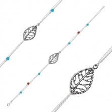 Brățară pentru gleznă din argint 925 - frunză, dublu lanț, bile albastre și roșii