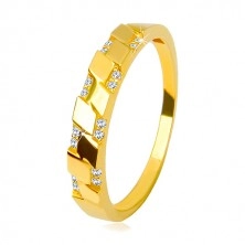 Inel din aur galben 14K - zirconii rotunde strălucitoare, motiv de romburi
