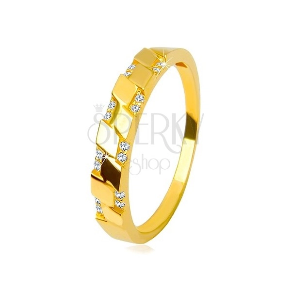Inel din aur galben 14K - zirconii rotunde strălucitoare, motiv de romburi