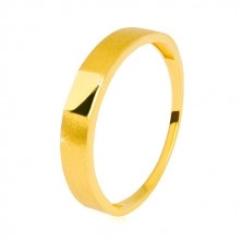 Inel bandă de aur de 14K – dreptunghi lucios în centru, brațe cu suprafață satinată, 3,5 mm