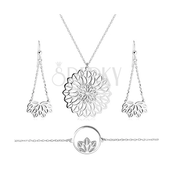 Set din argint 925 - colier, brățară, cercei, motiv de flori cu petale sculptate