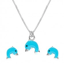 Set din argint 925 - colier și cercei, delfin cu smalț albastru