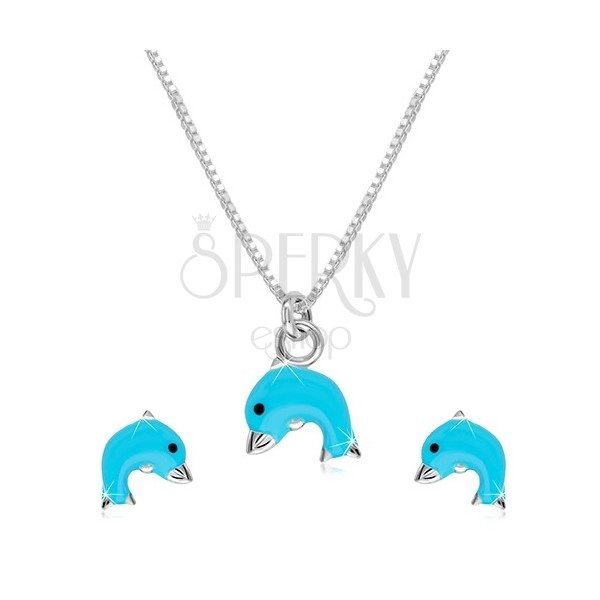 Set din argint 925 - colier și cercei, delfin cu smalț albastru