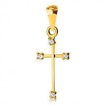 Pandantiv din aur galben 14K - cruce cu brațe înguste și zirconii transparente