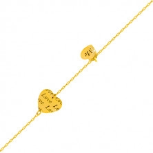 Bratara din aur 585 - doua inimi lucioase cu inscriptii "Love" si "Me"