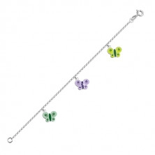 Brățară din argint 925 pentru copii - fluturi cu o smalț verde și violet