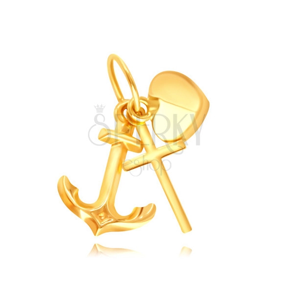 Pandantiv din aur galben 375 - motiv inimă, ancoră și cruce