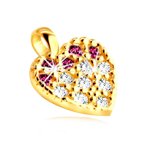 Pandantiv din aur 375 - conturul inimii încrustat cu zirconii roz și transparente