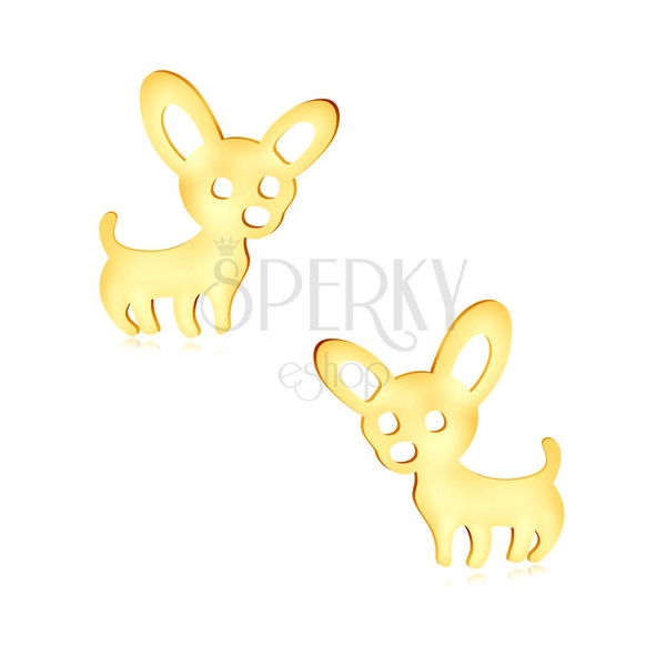 Cercei din aur galben 375 - figură lucioasă a câinelui cu urechi mari, închidere de tip fluturaș