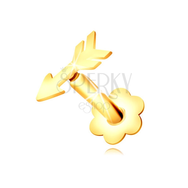 Piercing pentru buză și bărbie de aur 375 - motiv de săgeată și floare simetrică