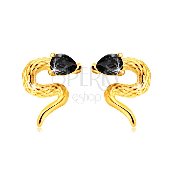 Cercei din aur galben 9K - șarpe răsucit cu un cap de zirconiu de culoare neagră