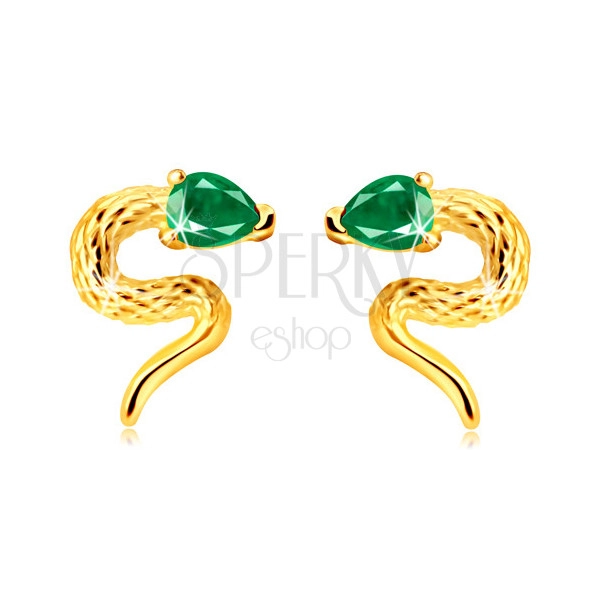 Cercei din aur 375 - imagine de șarpe răsucit cu cap de zirconiu de culoare verde, închidere de tip fluturaș