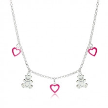 Colier din argint 925 pentru copii - contururi de inimă cu smalț roz și urși lucioși