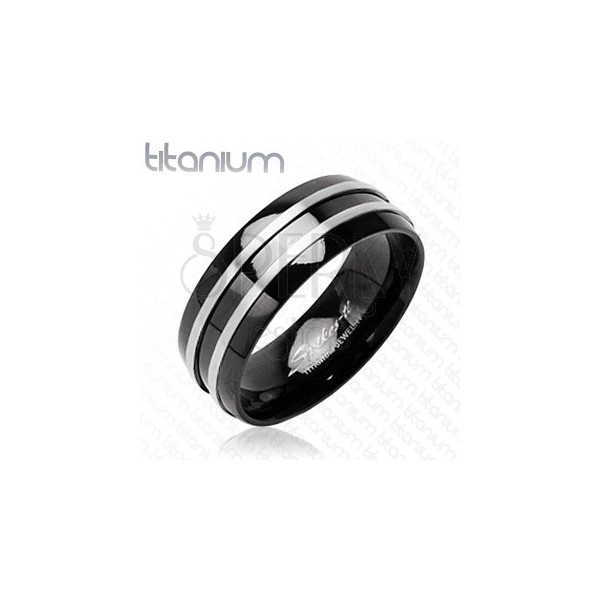 Inel negru din titan - două dungi argintii înguste
