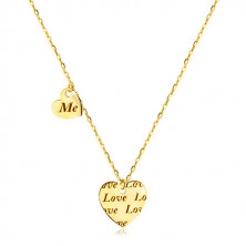 Colier din aur 585 - două inimi simetrice cu inscripția „Love” și „Me”