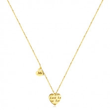 Colier din aur 585 - două inimi simetrice cu inscripția „Love” și „Me”