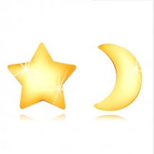 Cercei din aur 585 - contur de lună lucioasă și stea simetrică, închidere de tip fluturaș
