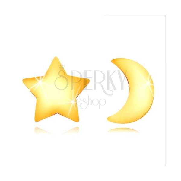 Cercei din aur 585 - contur de lună lucioasă și stea simetrică, închidere de tip fluturaș